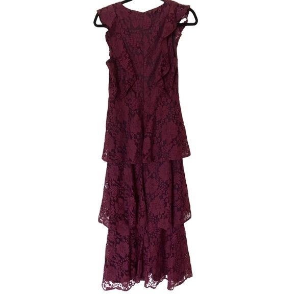 Lulu's Molinetto Lace Ruffled Tiered Sleeveless Maxi Dress in Burgundy, Size S - Picture 4 of 14